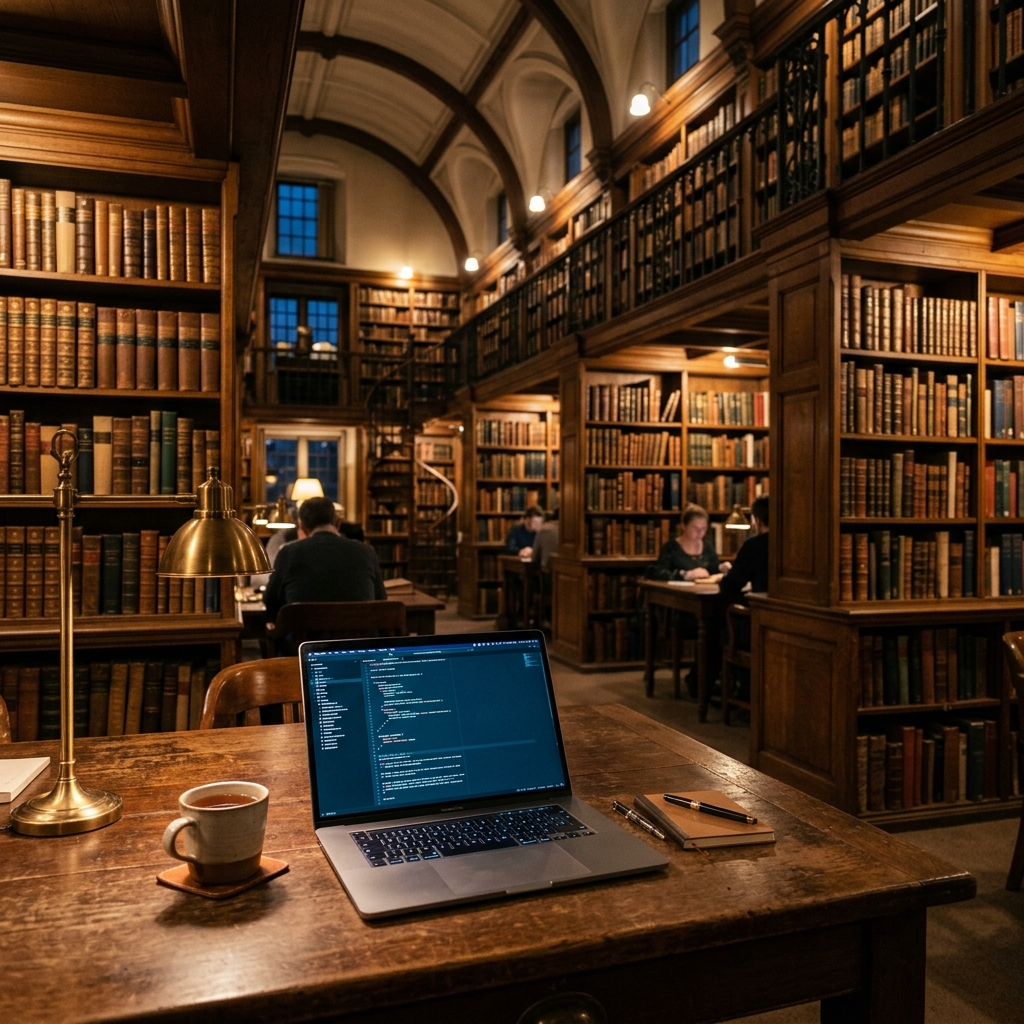 Library with laptop
